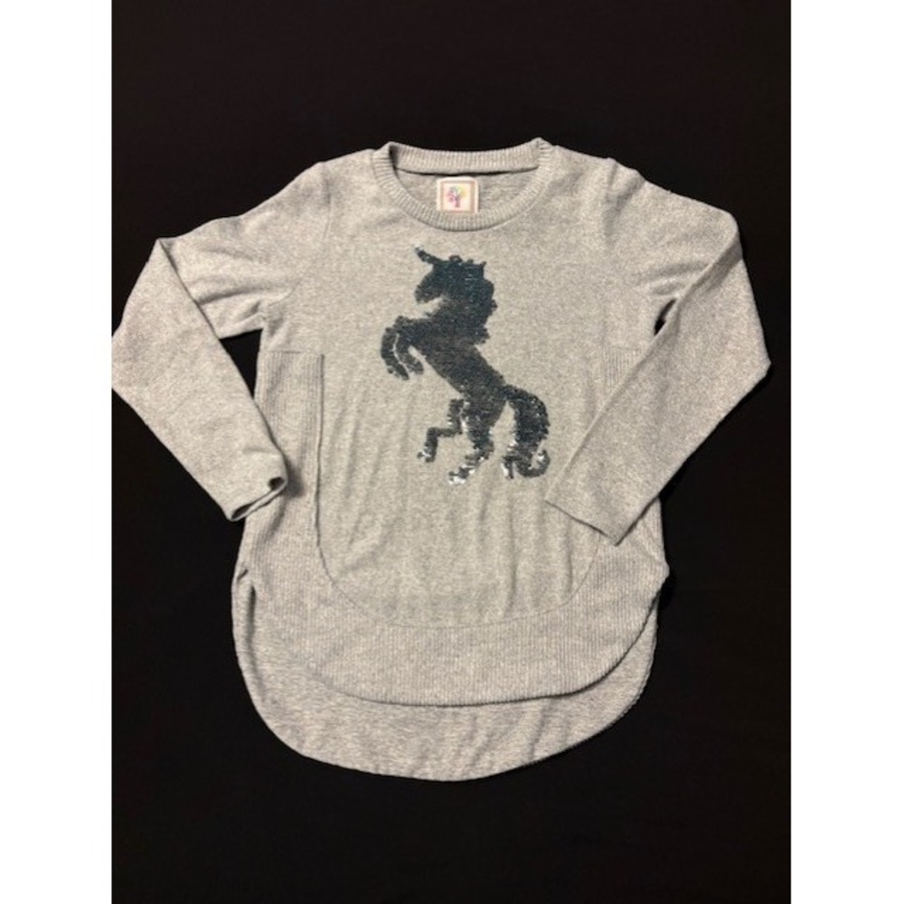 Colortree lightweight sweater, light gray with sequined unicorn, kids size 10/12